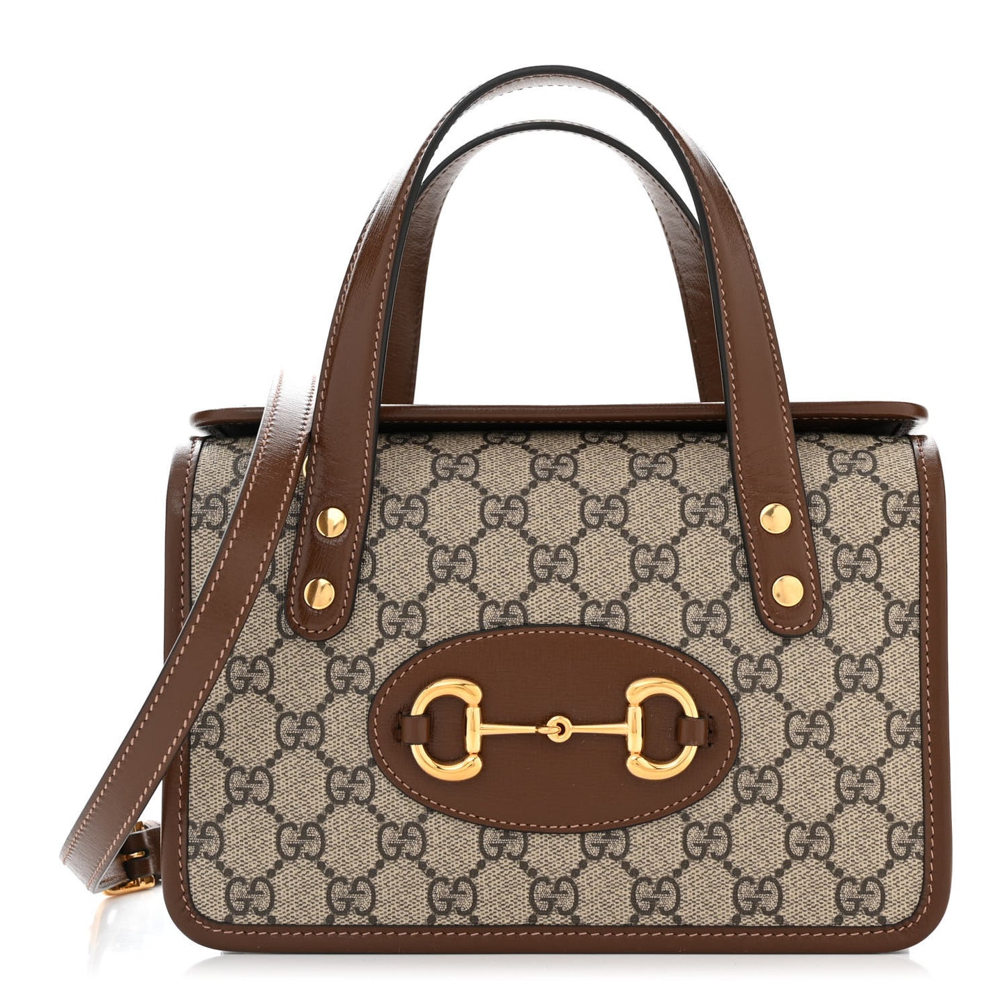 GG Supreme Monogram Azalea Calfskin Mini Horsebit 1955 Foldover Top Handle Bag Beige Ebony Brown Sugar
