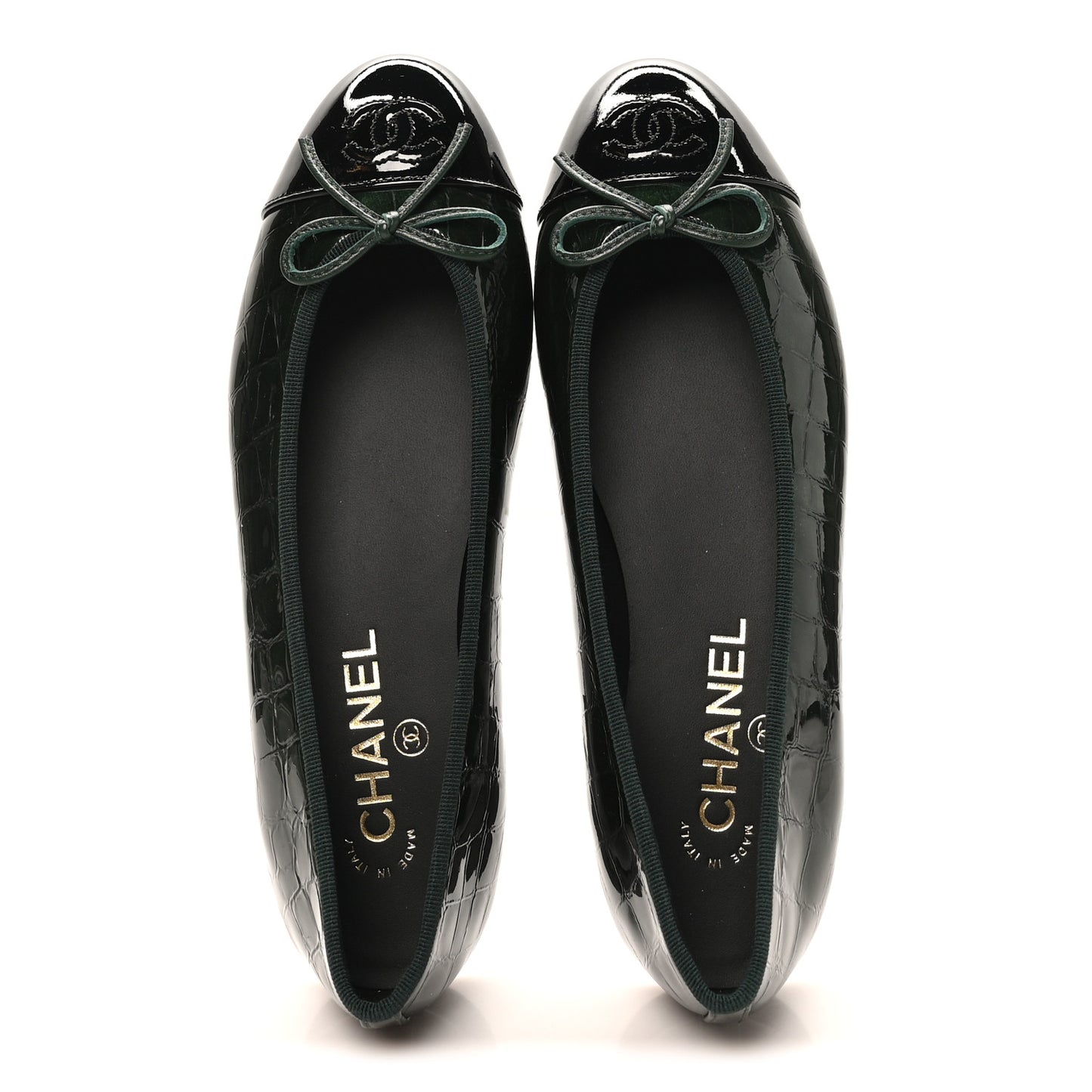 Crocodile Embossed Patent Calfskin Cap Toe CC Ballerina Flats 38 Dark Green Black