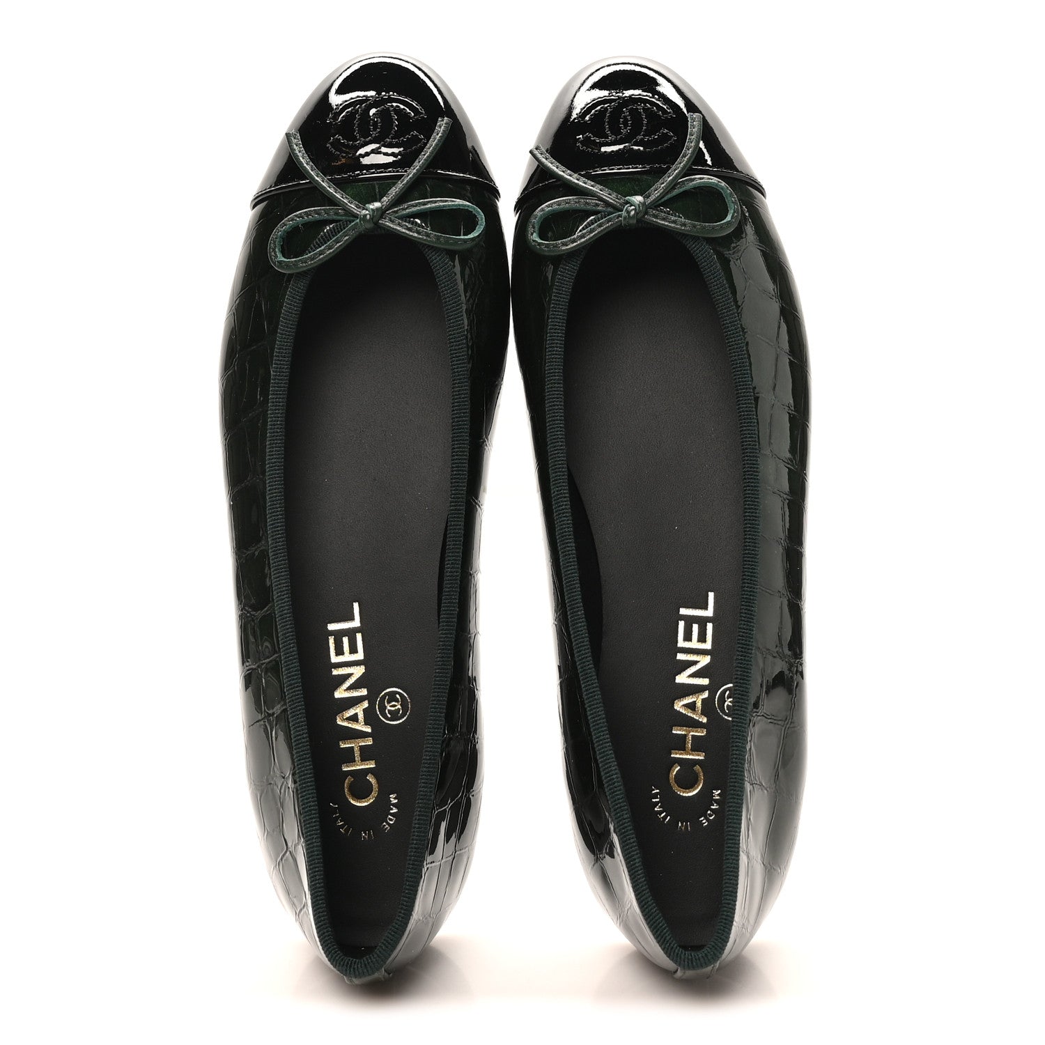 Chanel Crocodile Embossed Patent Calfskin Cap Toe CC Ballerina Flats 38 Dark Green Black 2 of 10
