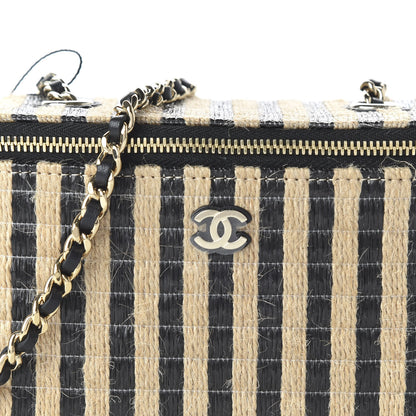 Chanel Raffia Jute Striped Small Vanity Case With Chain Black Beige 10 of 11