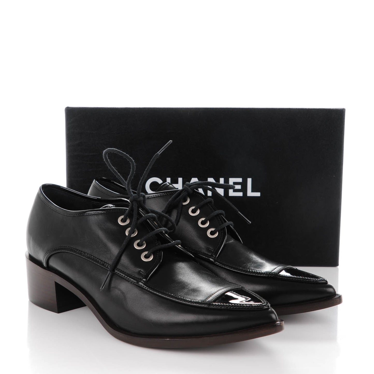 Calfskin Patent CC Lace Up Oxfords 38 Black