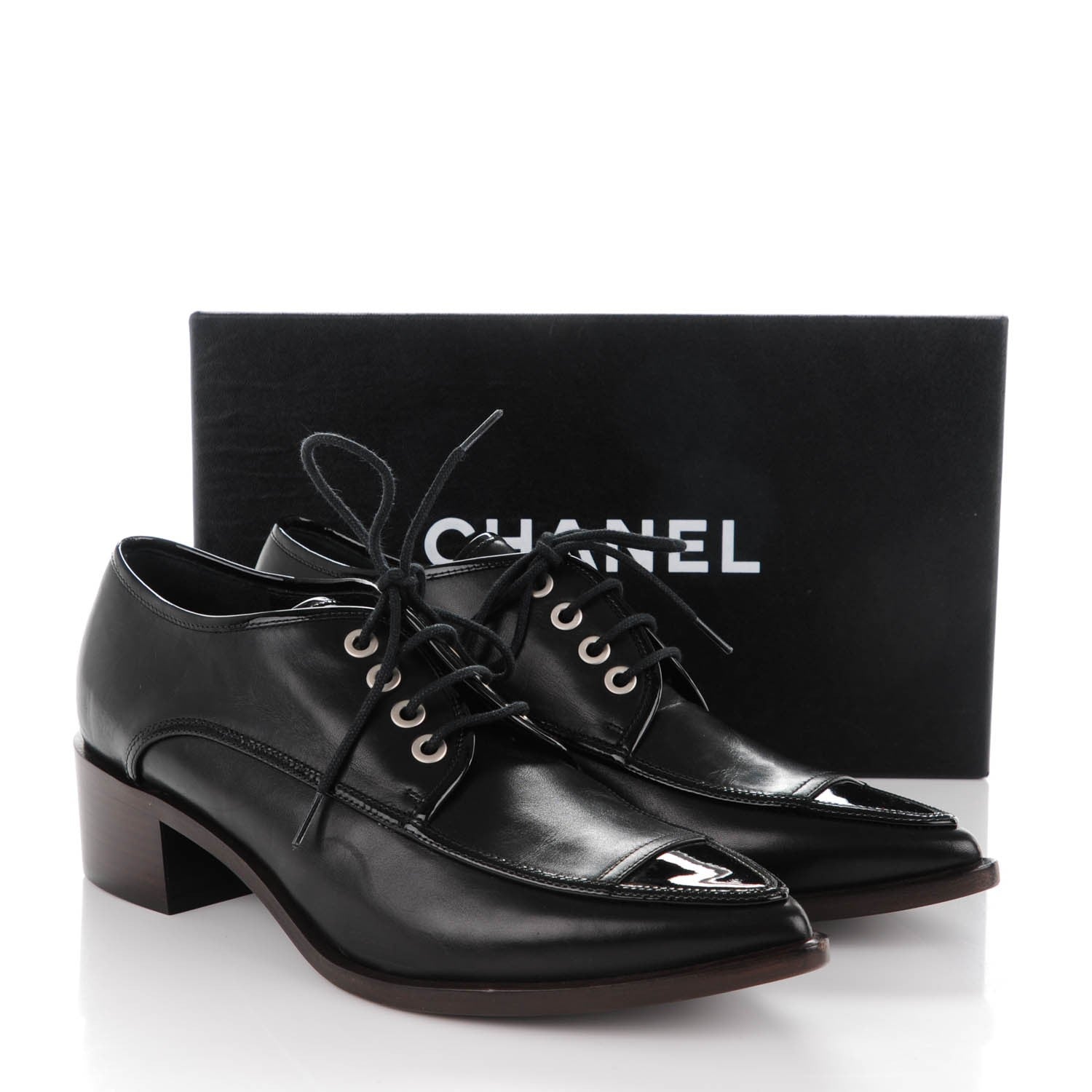 Chanel Calfskin Patent CC Lace Up Oxfords 38 Black 9 of 9