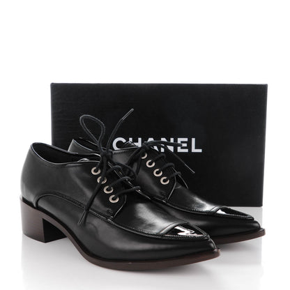 Chanel Calfskin Patent CC Lace Up Oxfords 38 Black 9 of 9