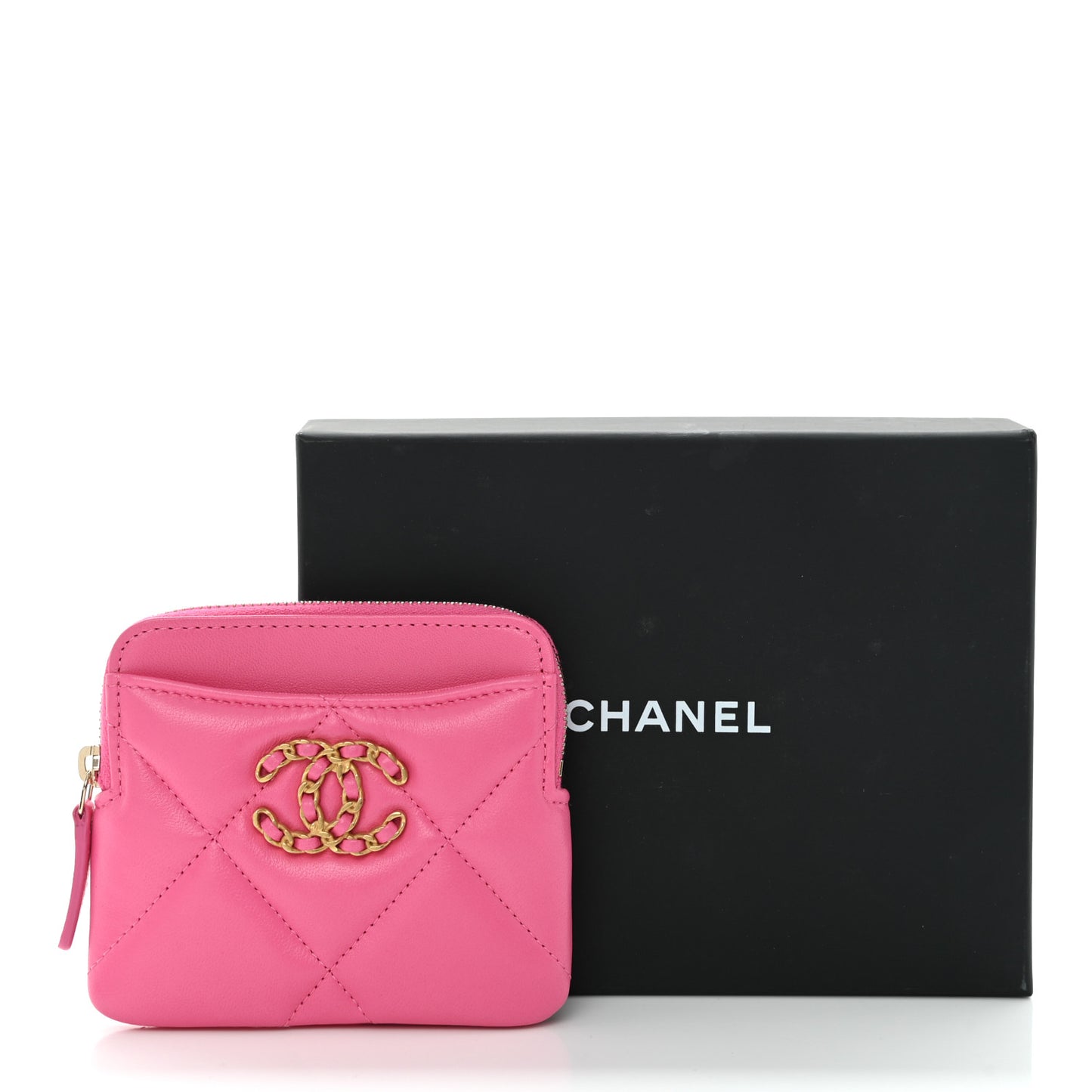 Lambskin Quilted Chanel 19 Zip Card Holder Wallet Pink