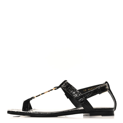 Saint Laurent Calfskin Crocodile Embossed Cassandra Monogram Sandals 36.5 Black 1 of 9