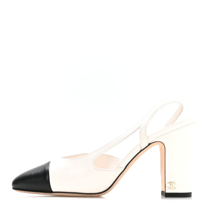 Chanel Lambskin Grosgrain Cap Toe CC Slingback Pumps 37 White Black 1 of 8