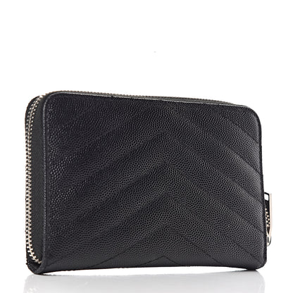Saint Laurent Grain De Poudre Matelasse Chevron Monogram Zip Around Wallet Black 3 of 12