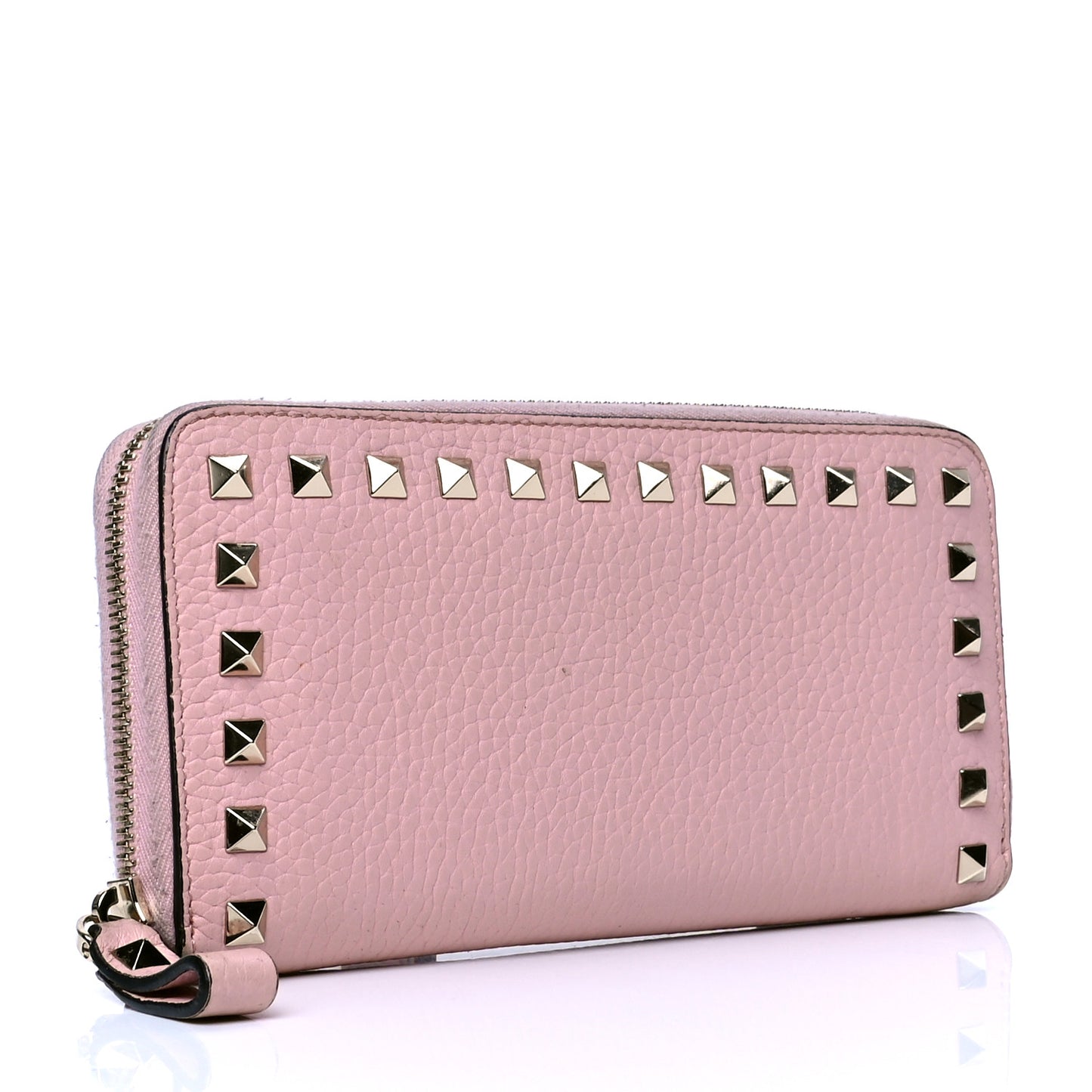 Pebbled Calfskin Rockstud Zip Around Wallet Water Rose