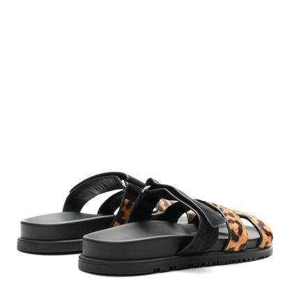 Hermes Moire Calfskin Suede Goatskin Womens Leopard Chypre Sandals 38 Gold Black 5 of 9