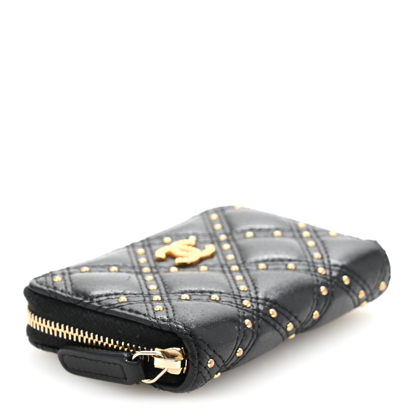 Lambskin Studded Quilted Compact Zip Around Wallet Black