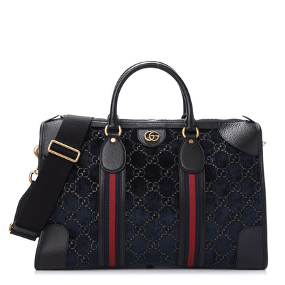 Gucci Velvet GG Monogram Textured Calfskin Web Medium Duffle Bag Blue Beige Black 1 of 11