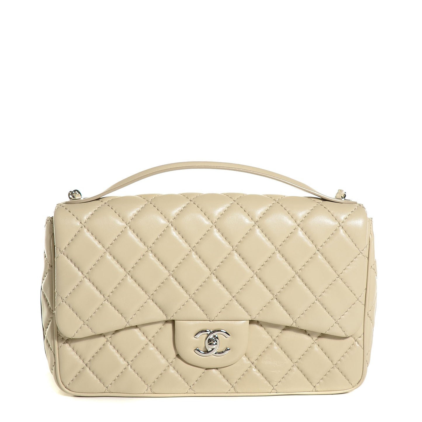 Lambskin Quilted Jumbo Easy Carry Flap Dark White Beige Clair
