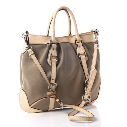 Prada Jacquard Logo Frame Buckle Handbag Tote Bag Beige White 4 of 18