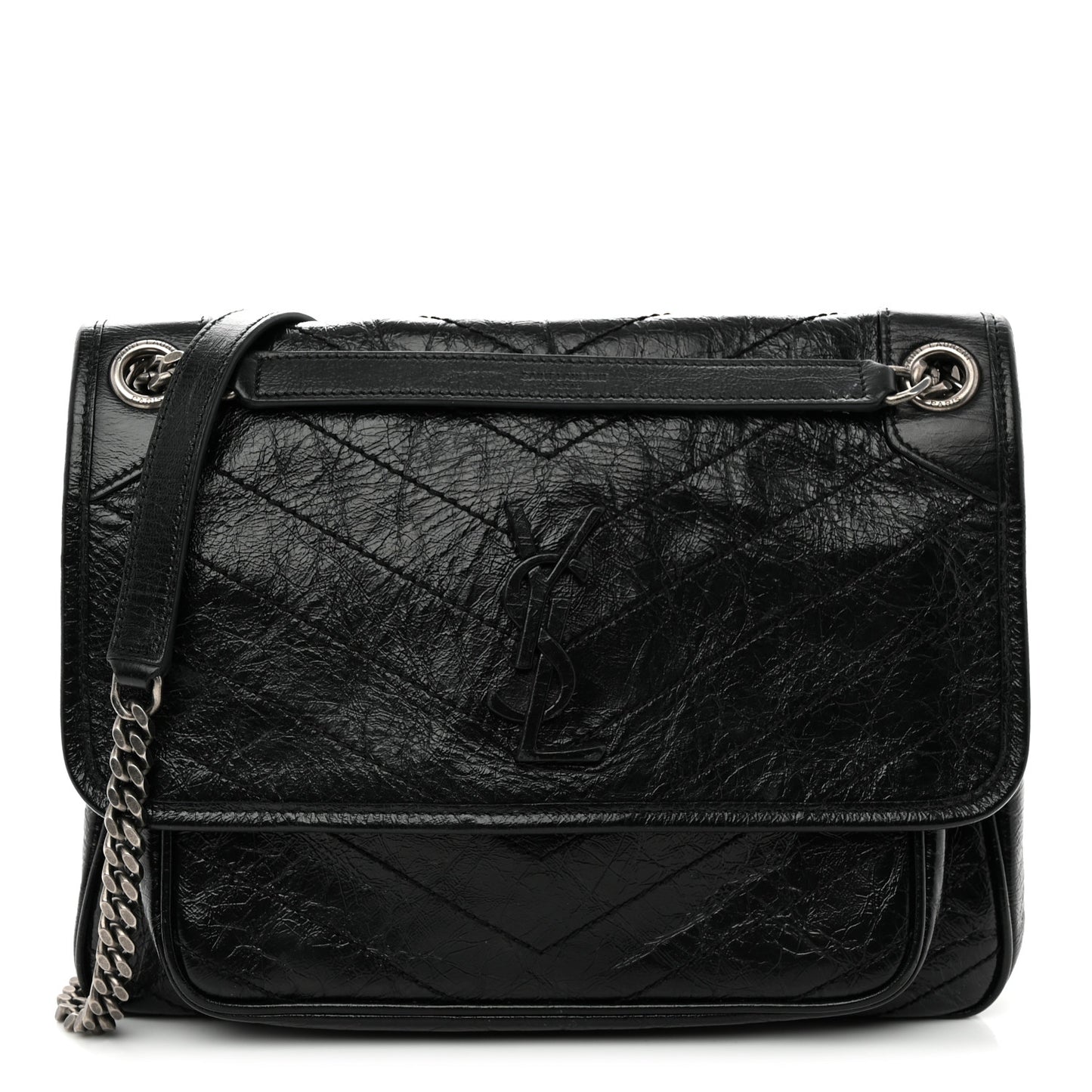 Crinkled Calfskin Matelasse Monogram Medium Niki Chain Satchel Black Black