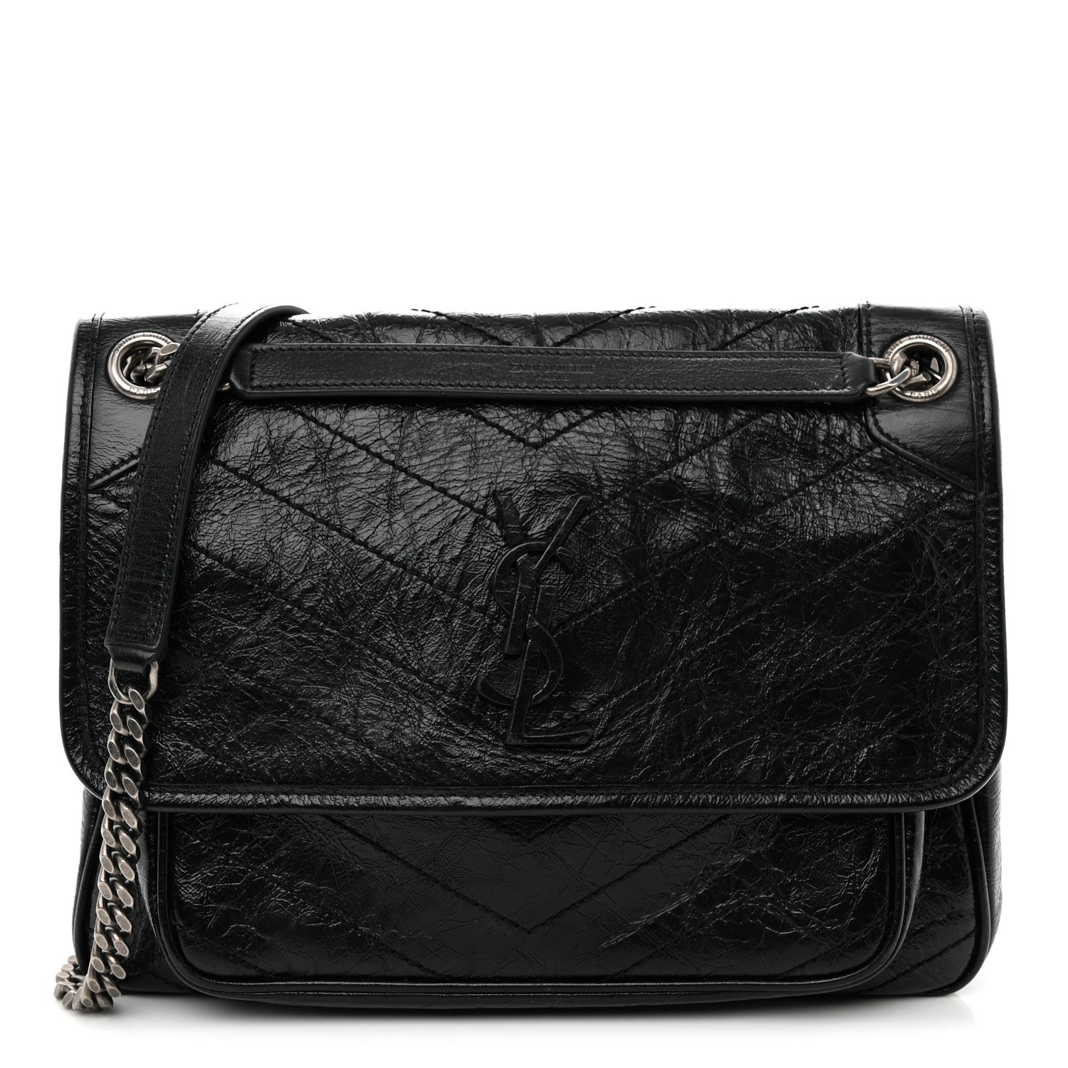 Saint Laurent Crinkled Calfskin Matelasse Monogram Medium Niki Chain Satchel Black Black 1 of 12