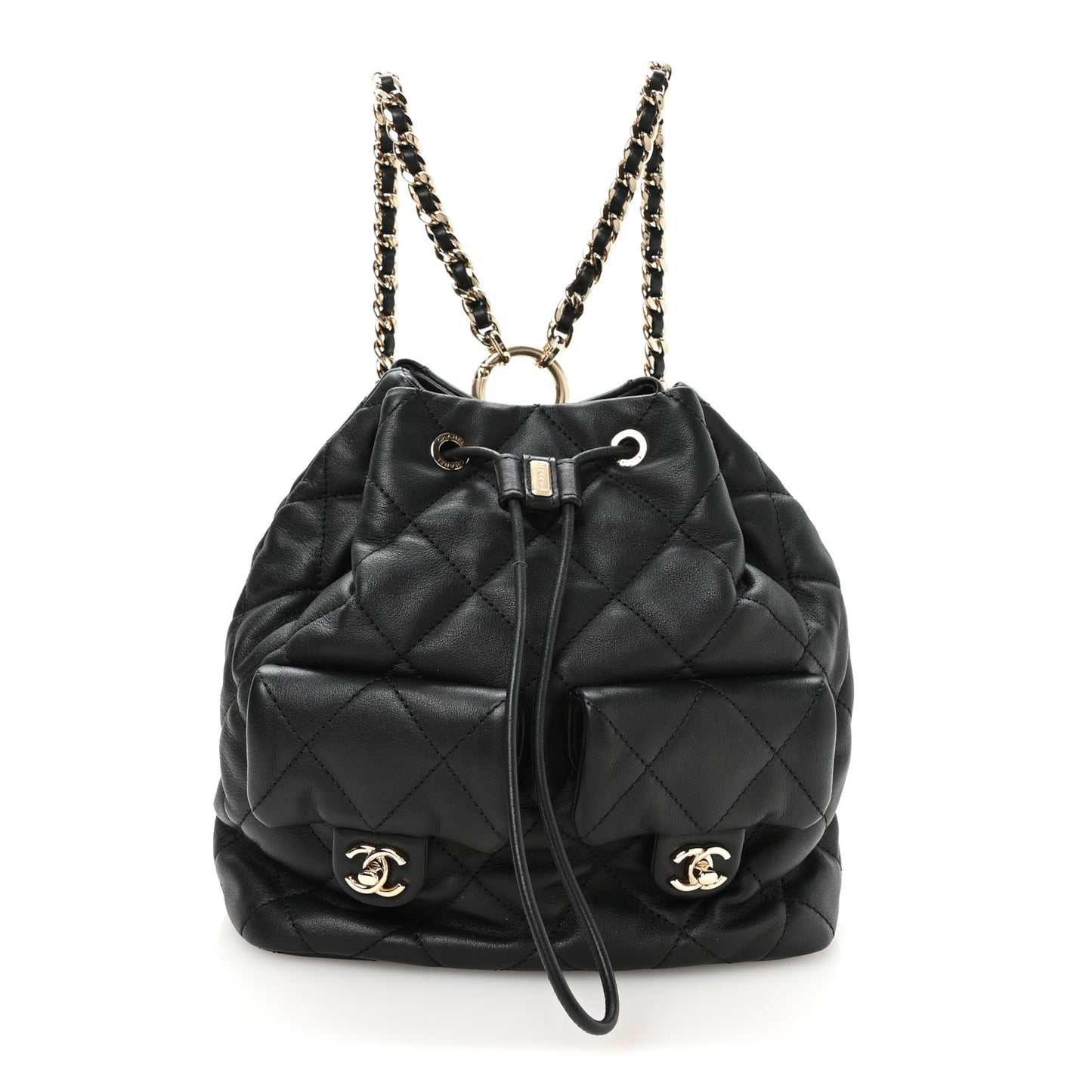 Calfskin Quilted Double Pocket Drawstring Backpack Black
