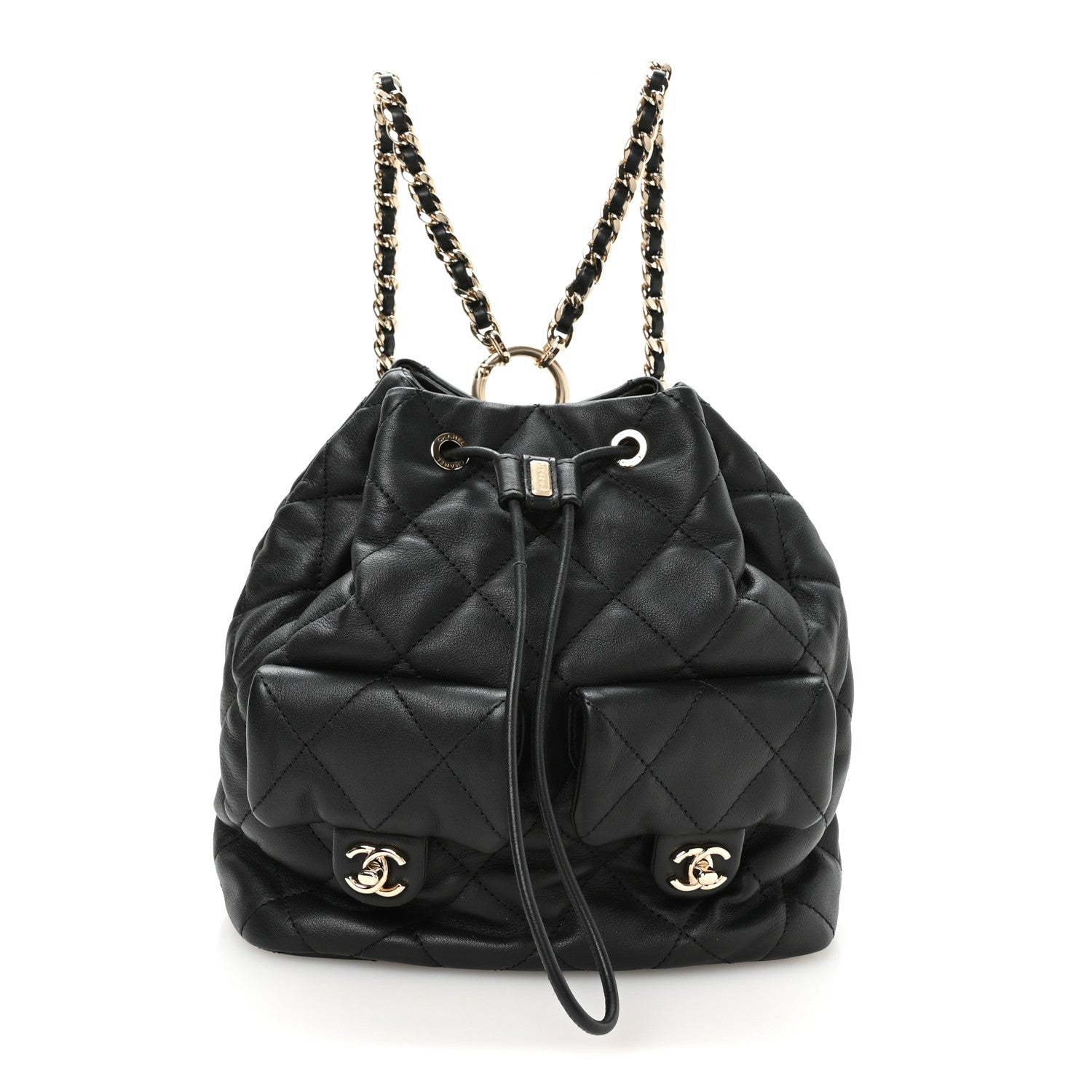 Chanel Calfskin Quilted Double Pocket Drawstring Backpack Black 1 of 9