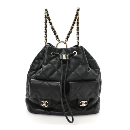 Chanel Calfskin Quilted Double Pocket Drawstring Backpack Black 1 of 9