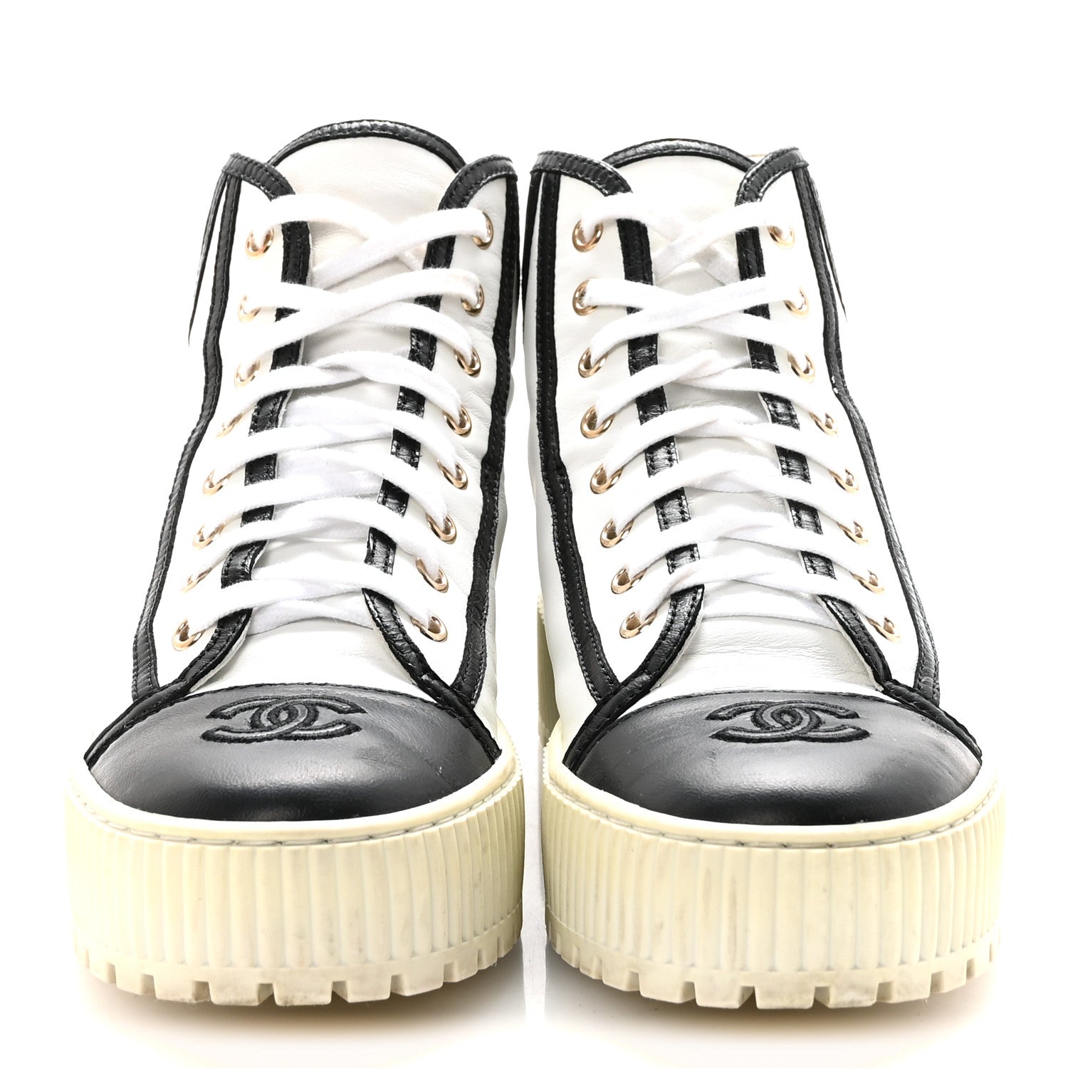 Chanel Shiny Lambskin Lace Up Cap Toe Sneakers 37.5 White Gold Black 3 of 10