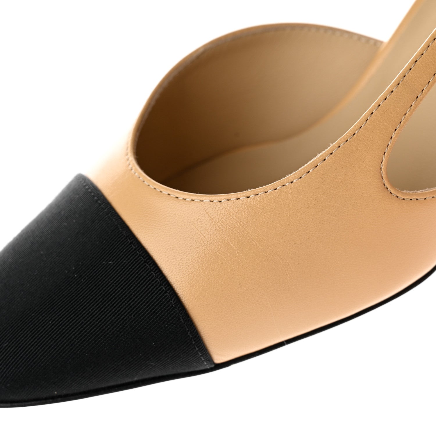 Chanel Goatskin Grosgrain Cap Toe CC Slingback Pumps 37.5 Beige Black 9 of 11