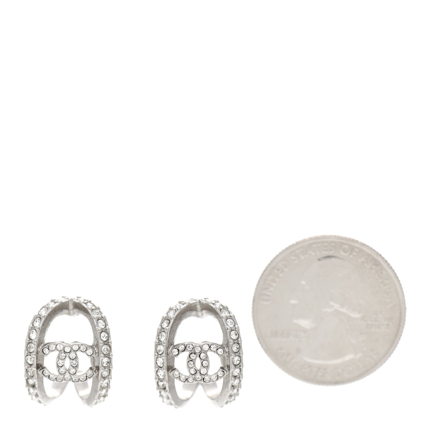 Chanel Crystal Strass CC Double Hoop Earrings Silver 2 of 4
