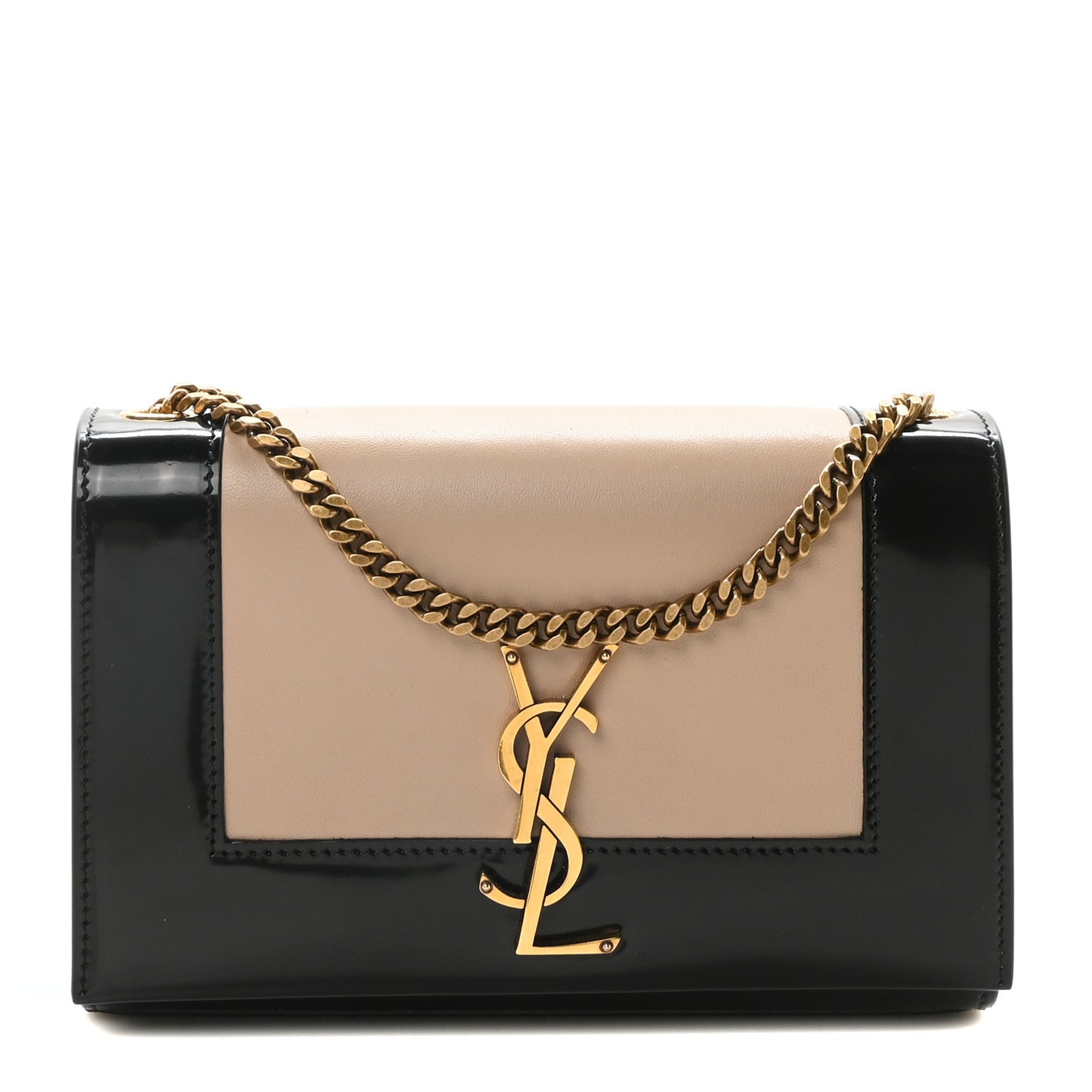 Nappa Patent Calfskin Two-Toned Small Monogram Kate Satchel Desert Sand Black