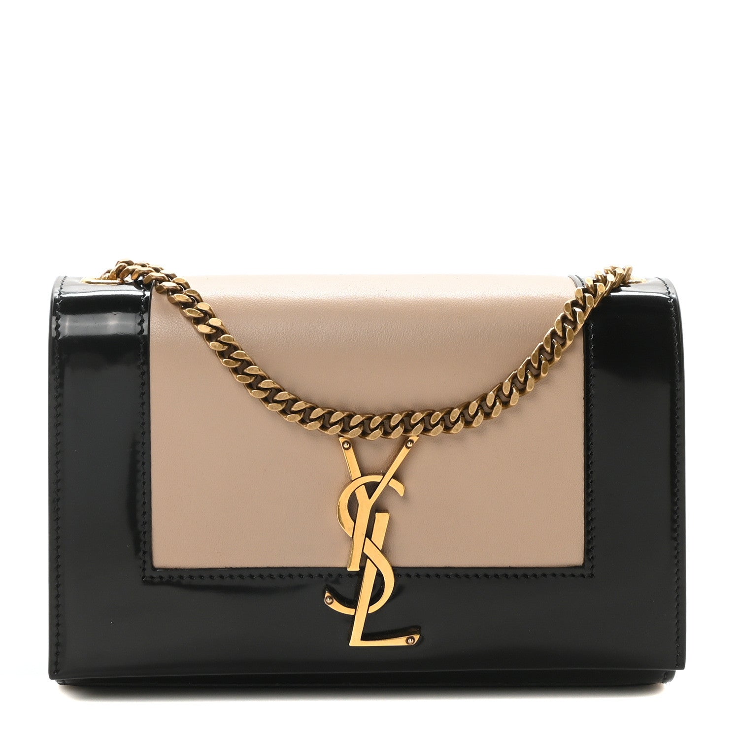 Saint Laurent Nappa Patent Calfskin Two-Toned Small Monogram Kate Satchel Desert Sand Black 1 of 10