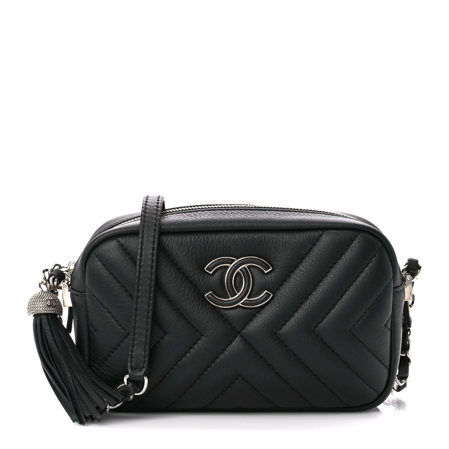 Calfskin Diagonal Chevron Quilted Tassel Camera Case Black