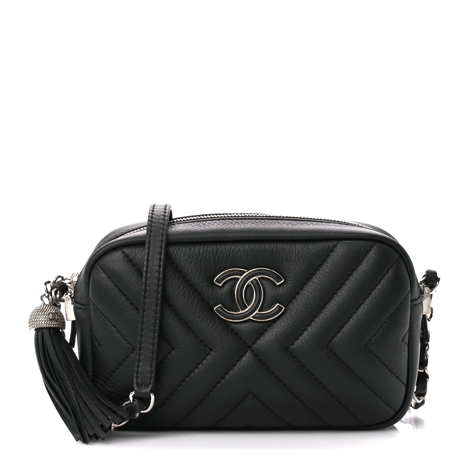 Chanel Calfskin Diagonal Chevron Quilted Tassel Camera Case Black 1 of 11