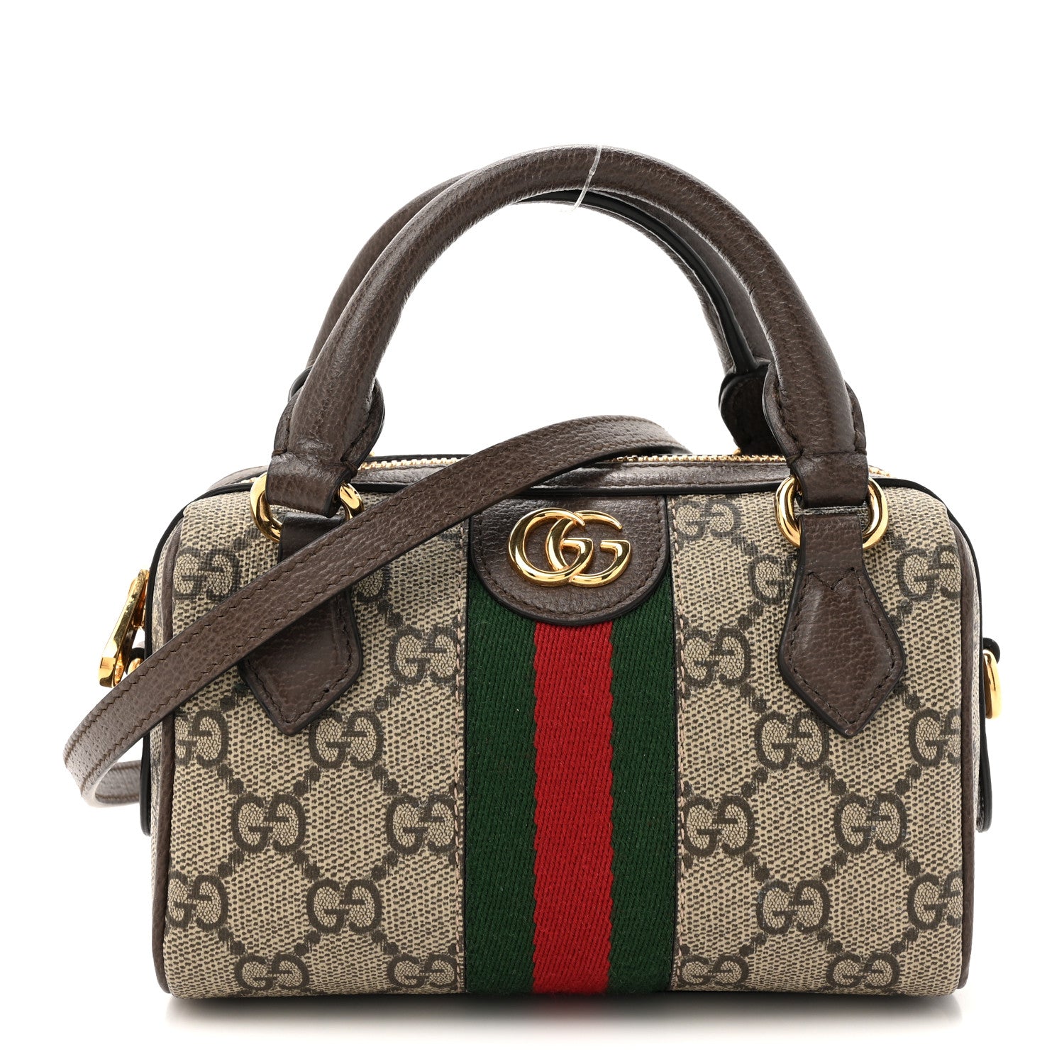 Gucci GG Supreme Monogram Textured Dollar Calfskin Web Super Mini Ophidia Top Handle Bowler Bag Beige Ebony New Acero 1 of 11