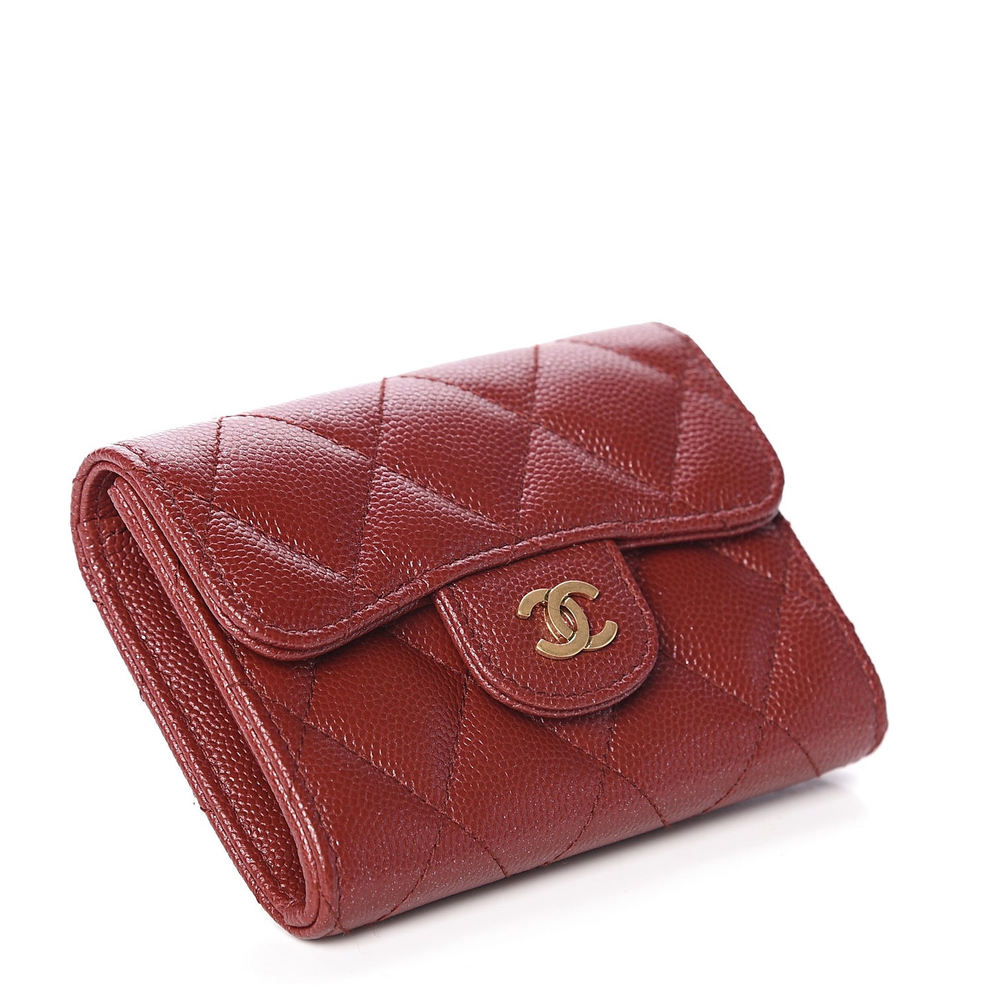 Iridescent Caviar Quilted Flap Card Holder Wallet Burgundy