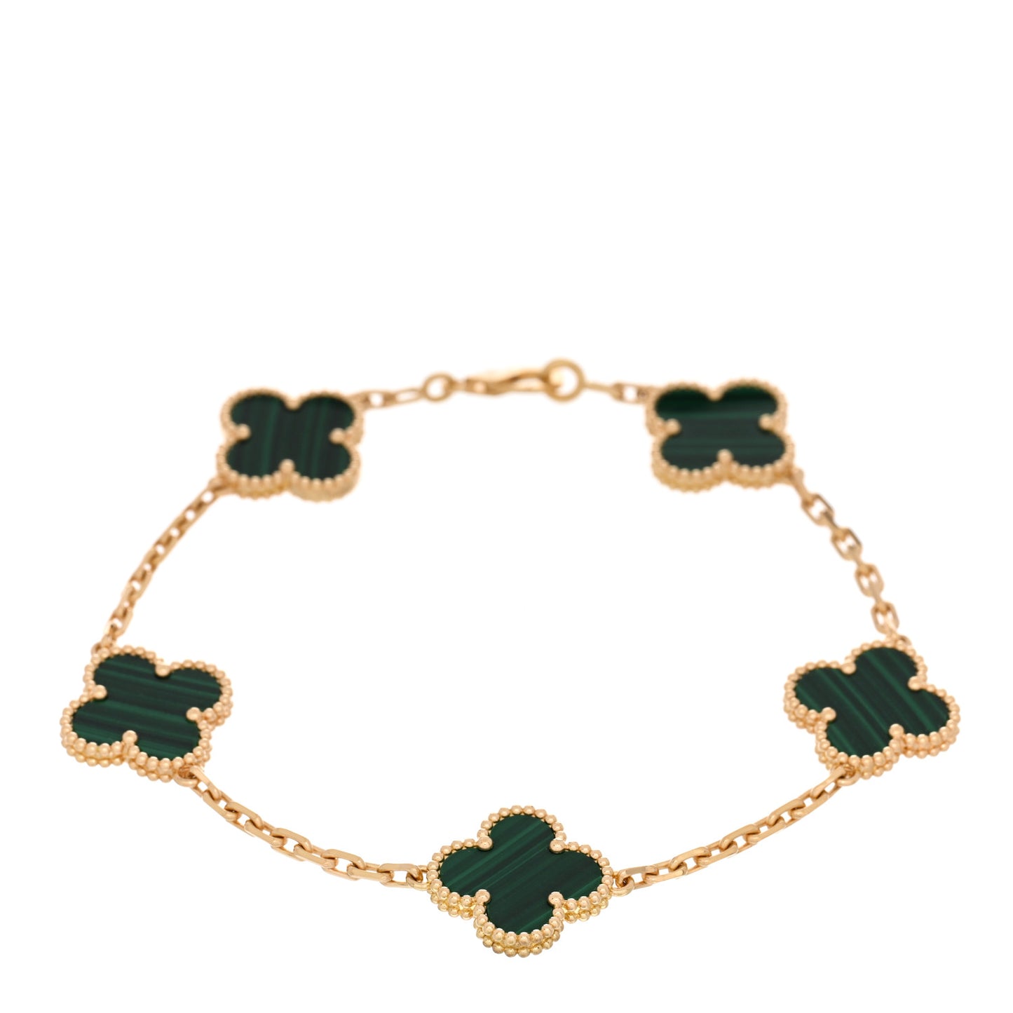 18K Yellow Gold Malachite 5 Motifs Vintage Alhambra Bracelet