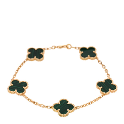 Van Cleef & Arpels 18K Yellow Gold Malachite 5 Motifs Vintage Alhambra Bracelet 1 of 4