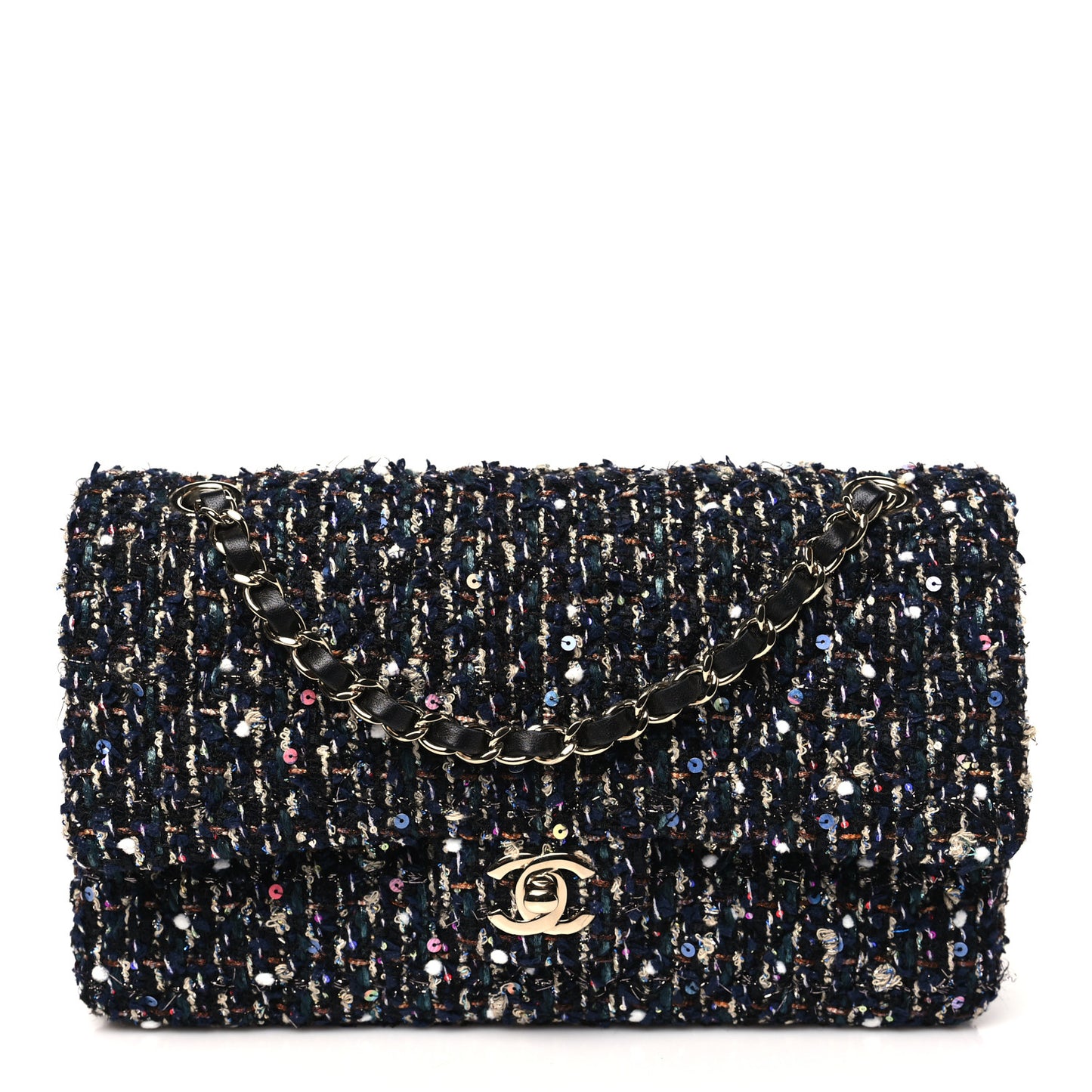 Glittered Tweed Quilted Medium Double Flap Navy Blue Multicolor