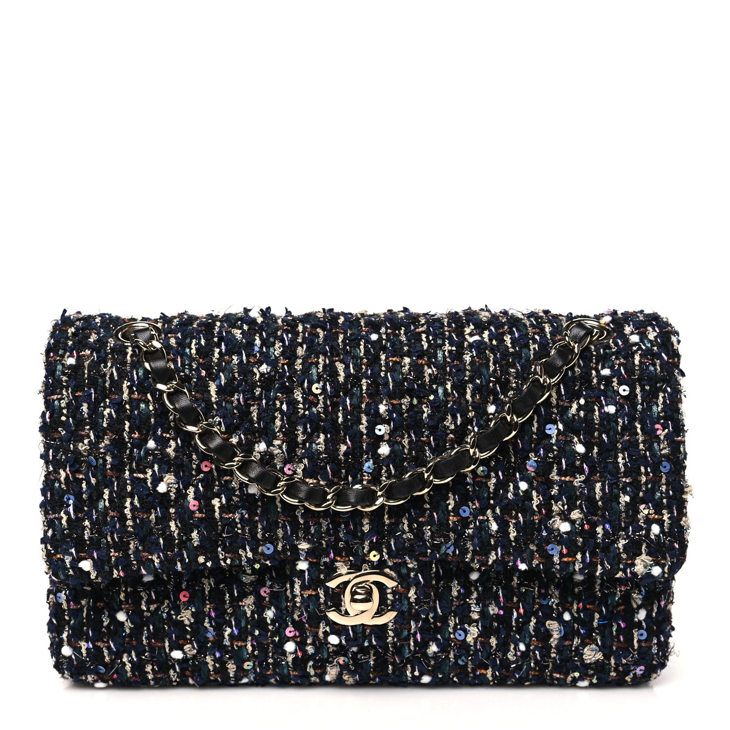 Chanel Glittered Tweed Quilted Medium Double Flap Navy Blue Multicolor 1 of 11