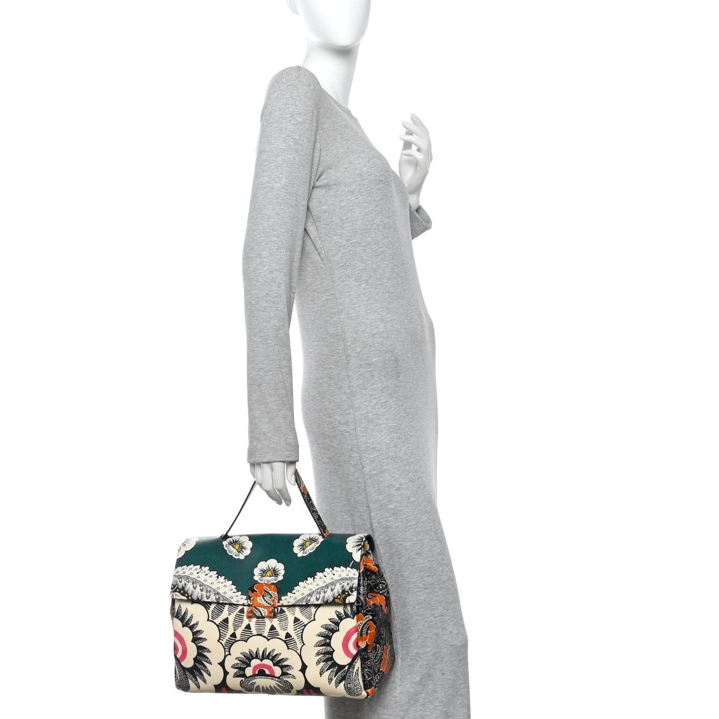 Calfskin Floral Print Mime Single Handle Bag Green