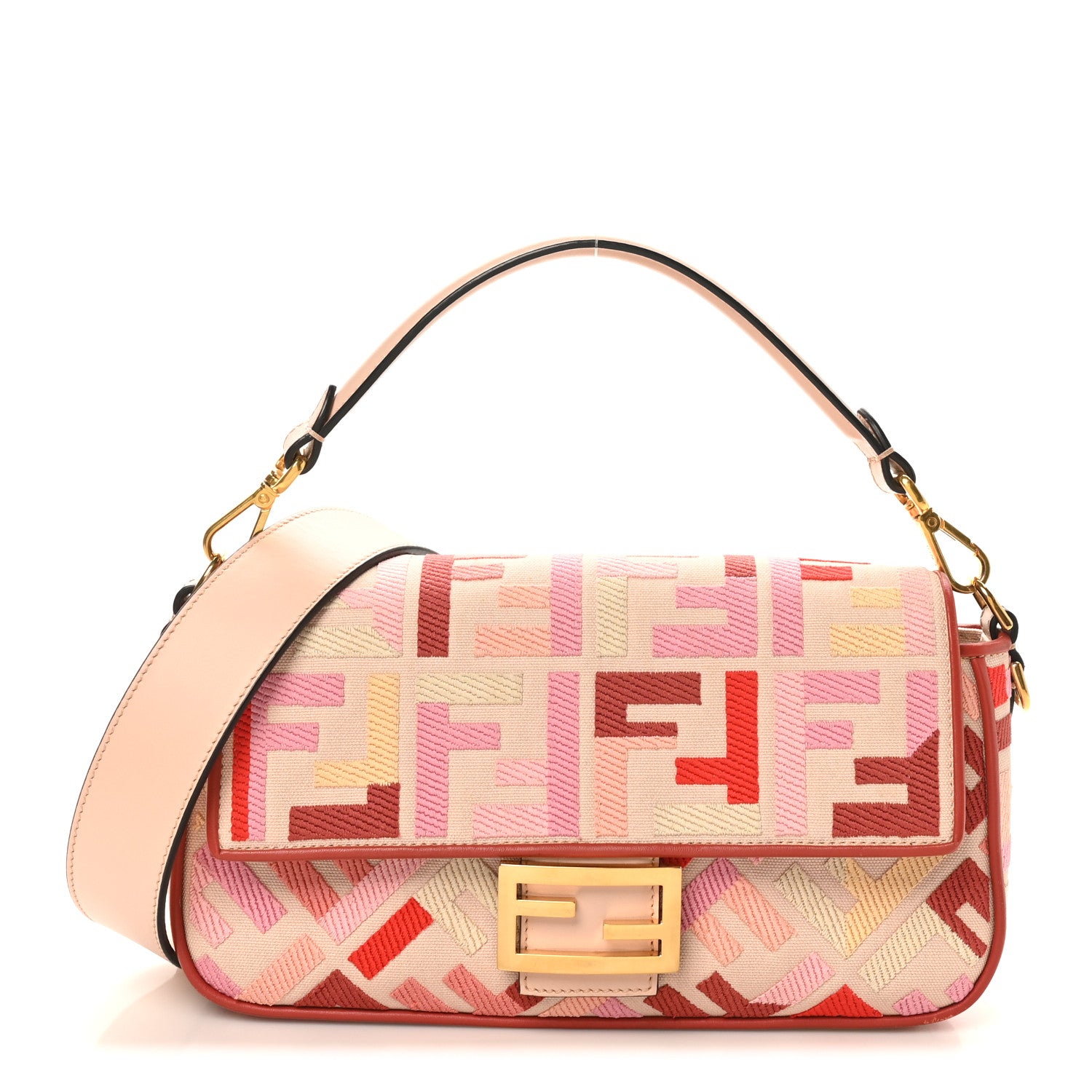 Fendi Canvas Vitello King FF Embroidered Baguette Rosa Quarzo Bloody Mary Multicolor 1 of 9
