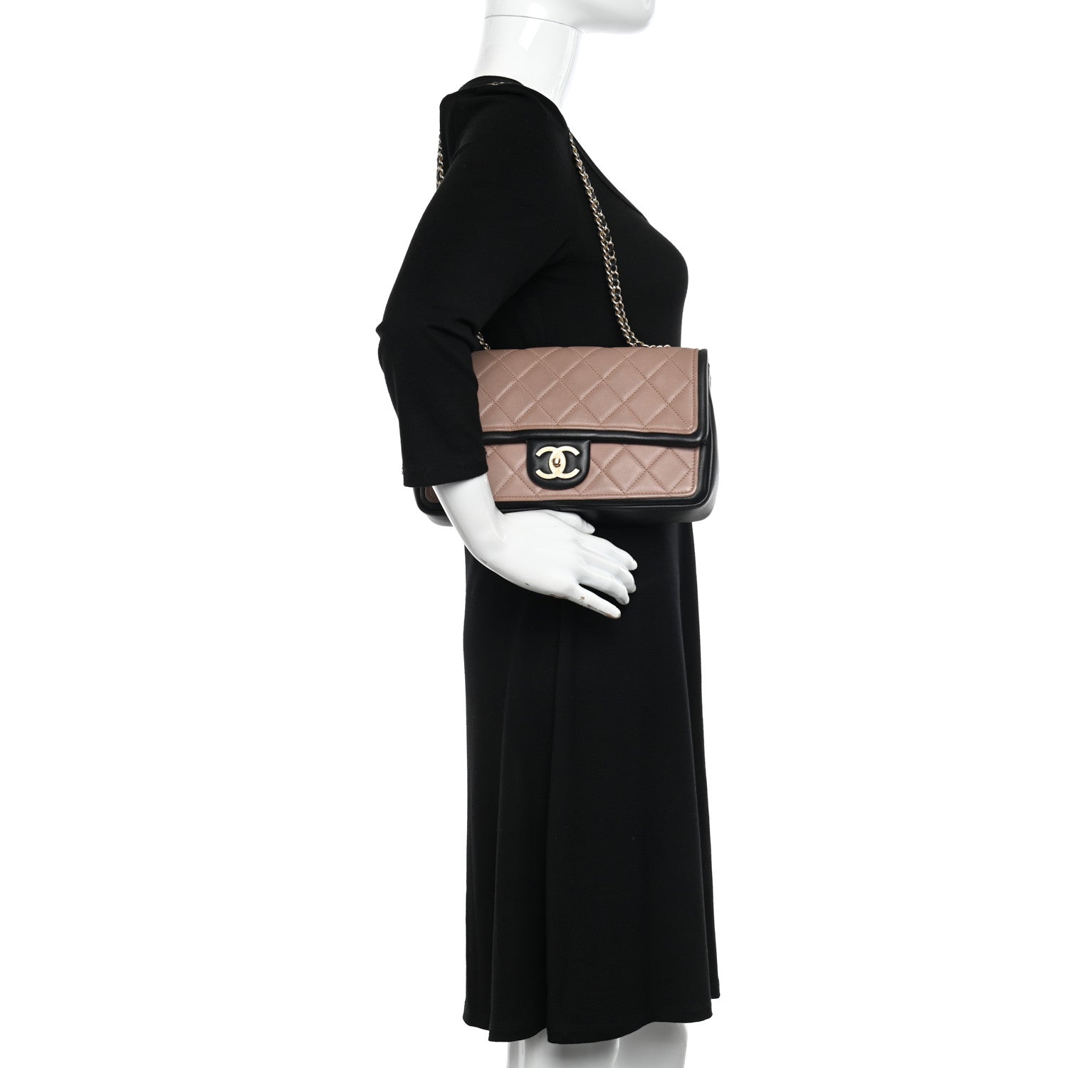 Chanel Calfskin Quilted Medium Graphic Flap Beige Black 2 of 10