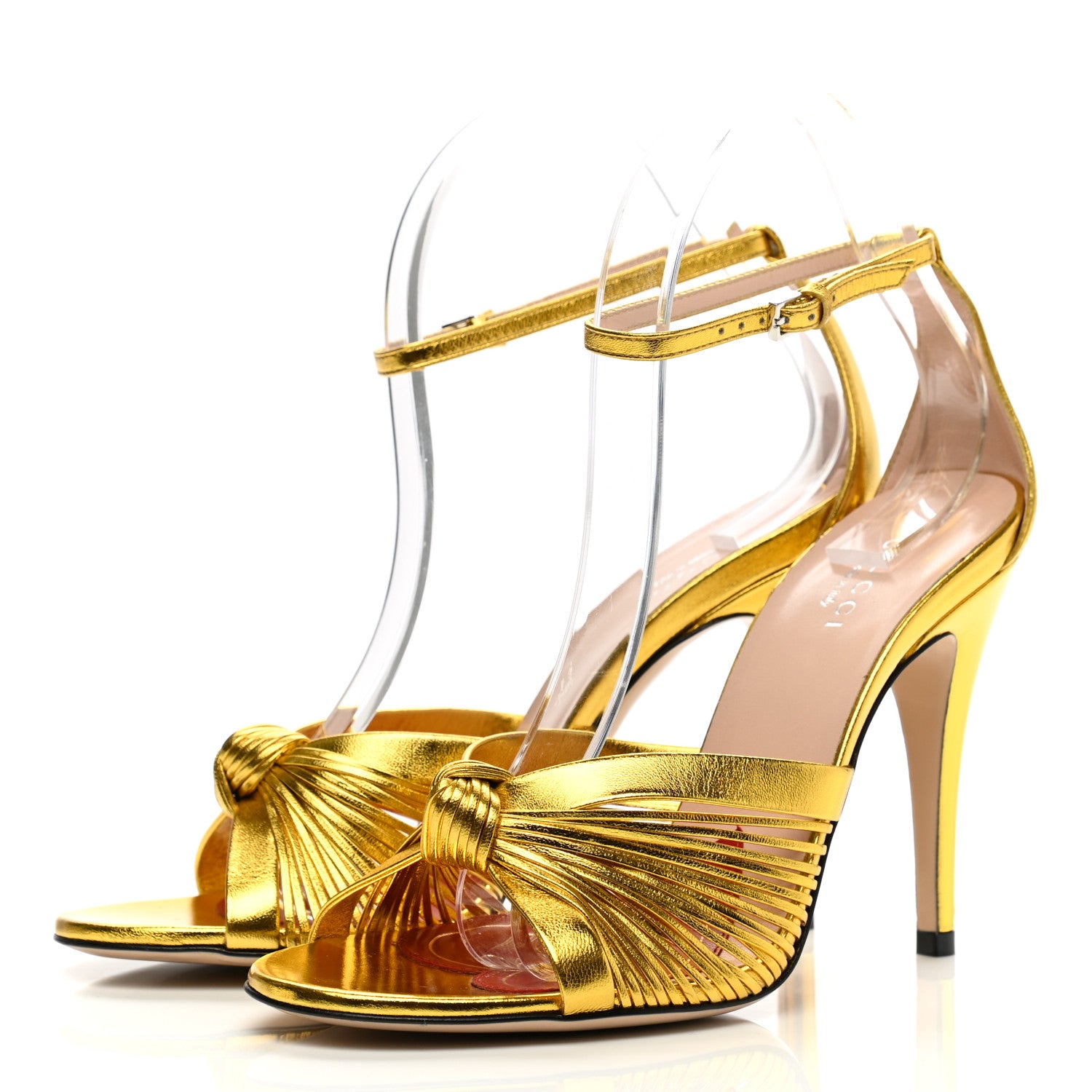 Gucci Metallic Nappa Crawford Knot Ankle Strap Sandals 37.5 Gold 3 of 11