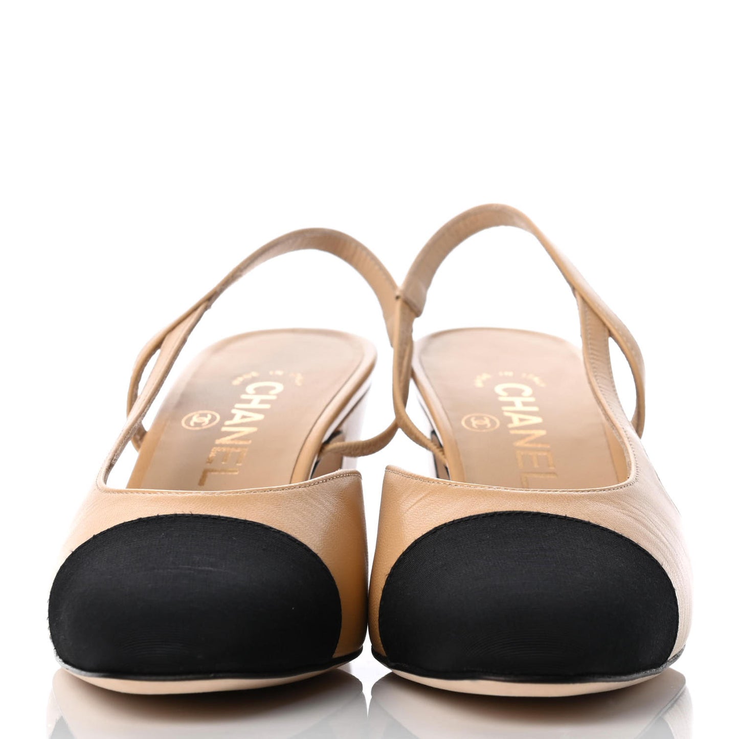 Goatskin Grosgrain Cap Toe CC Slingback Pumps 37 Beige Black