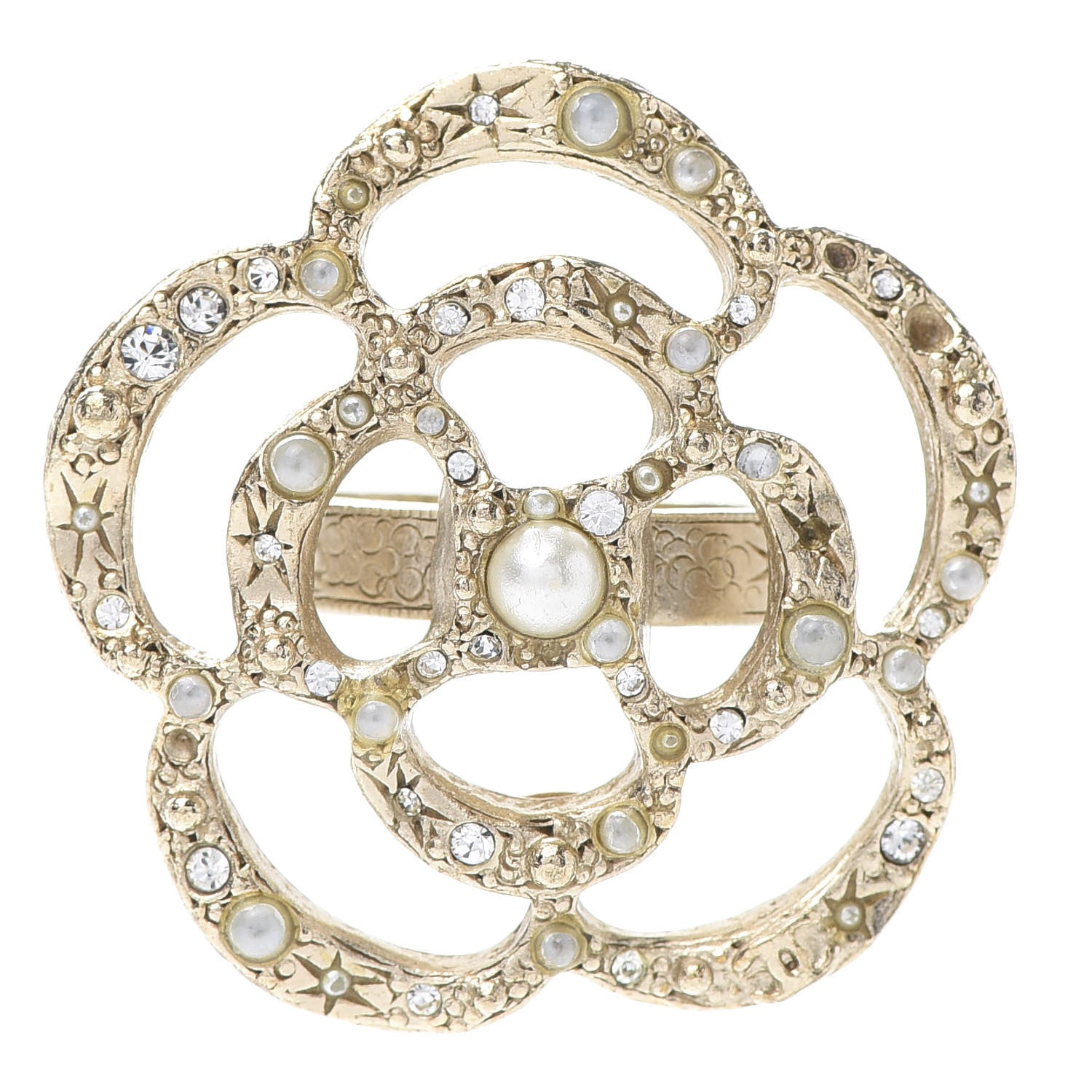 Chanel Crystal Pearl CC Camellia Ring Gold 1 of 6
