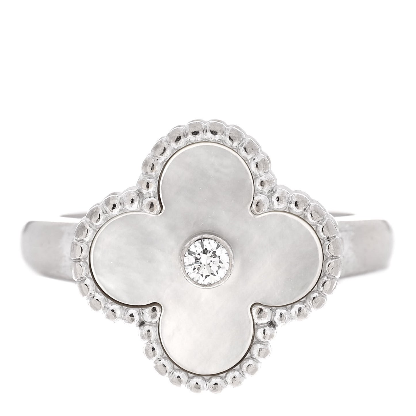 18K White Gold Diamond Mother of Pearl Vintage Alhambra Ring 54 6.75