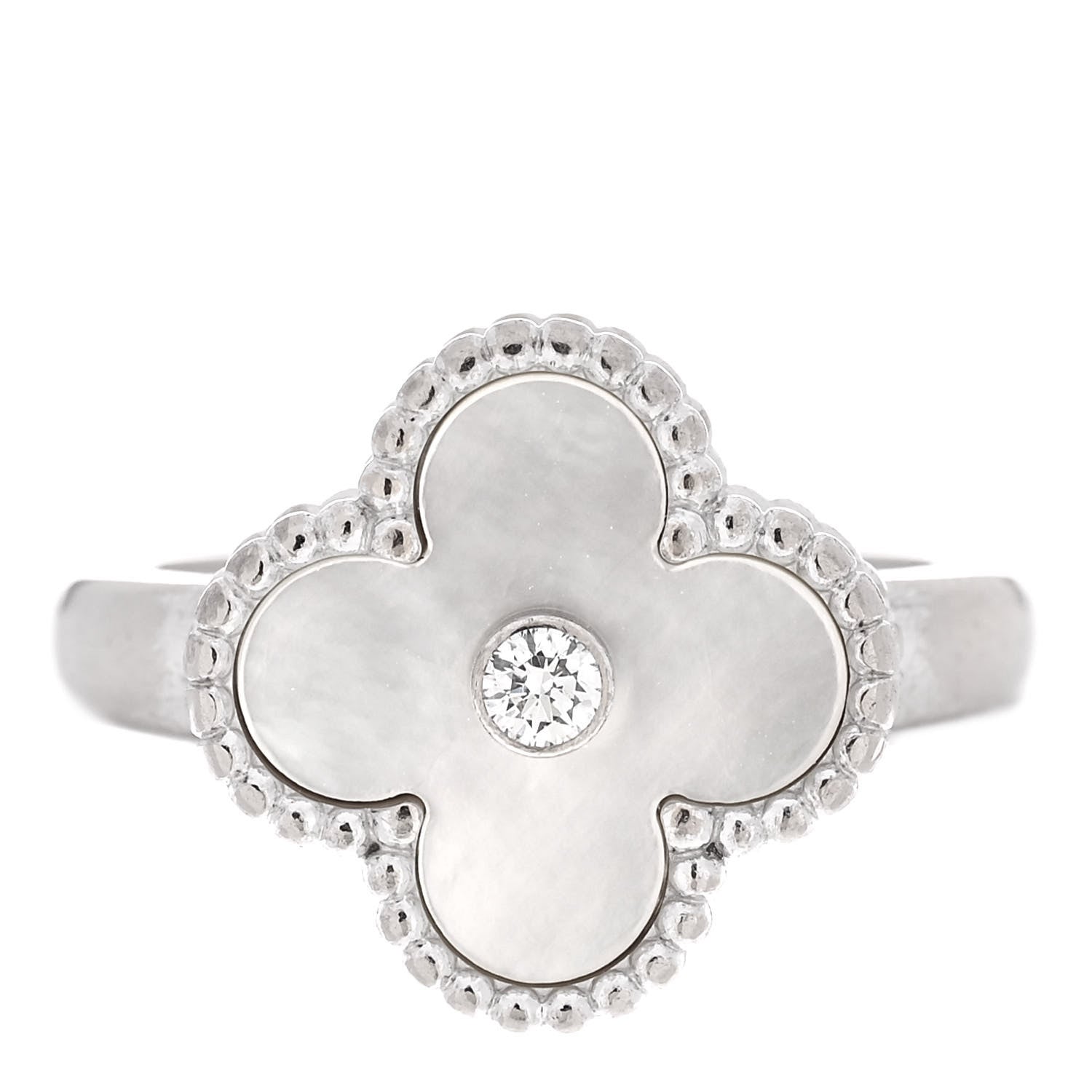 Van Cleef & Arpels 18K White Gold Diamond Mother of Pearl Vintage Alhambra Ring 54 6.75 1 of 5