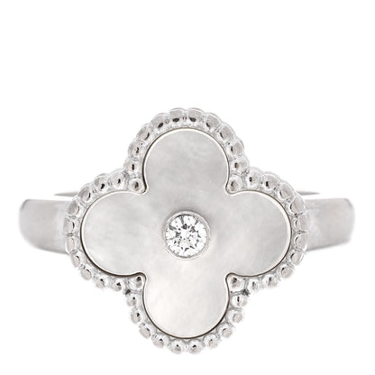 Van Cleef & Arpels 18K White Gold Diamond Mother of Pearl Vintage Alhambra Ring 54 6.75 1 of 5