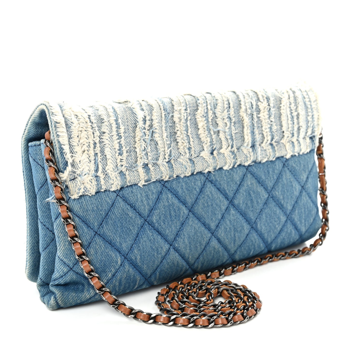 Denim Fringe Medium Single Flap Bag Blue
