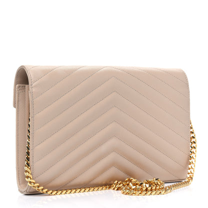 Saint Laurent Grain De Poudre Matelasse Chevron Monogram Chain Wallet Nude Powder 2 of 4