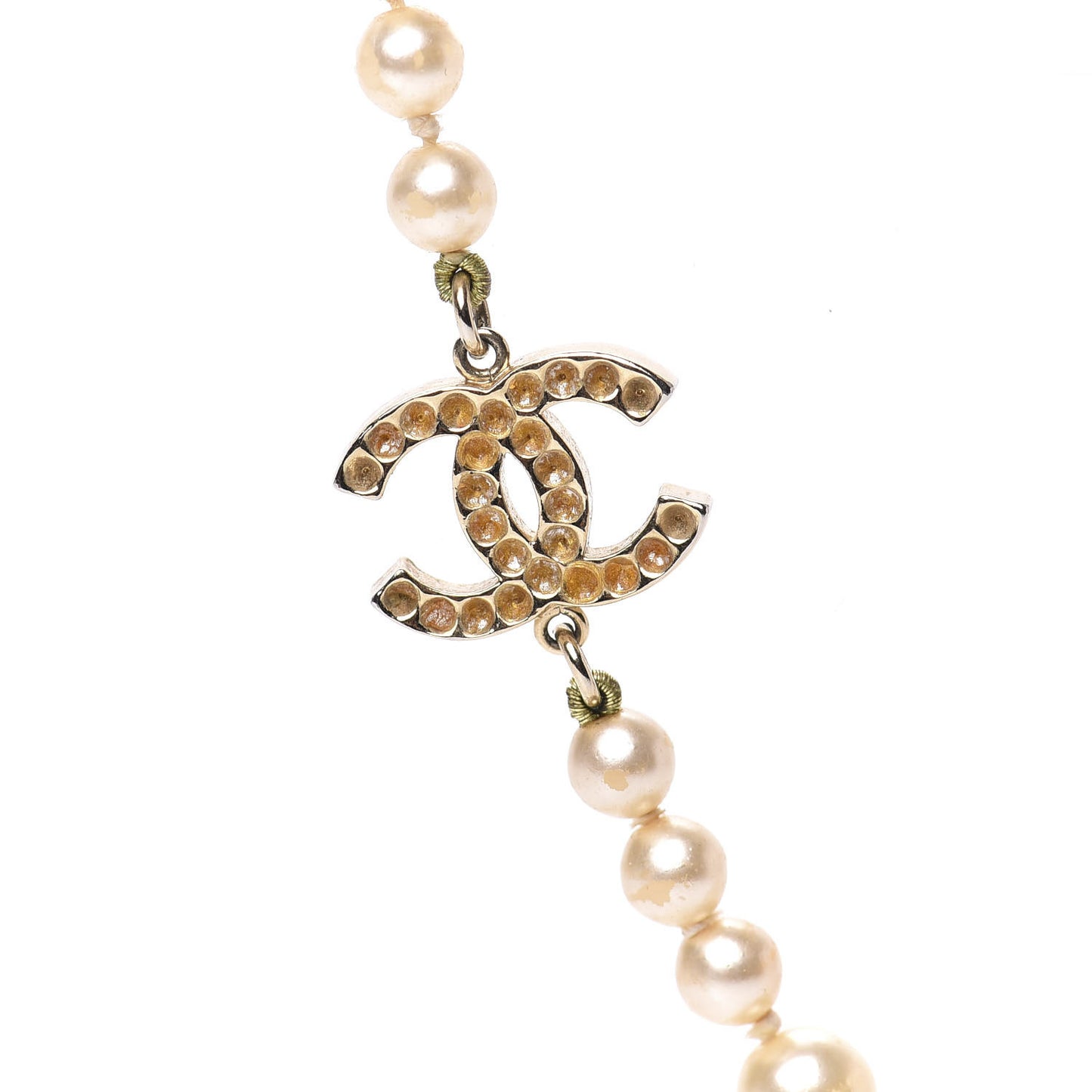 Pearl Crystal Long CC Necklace Gold
