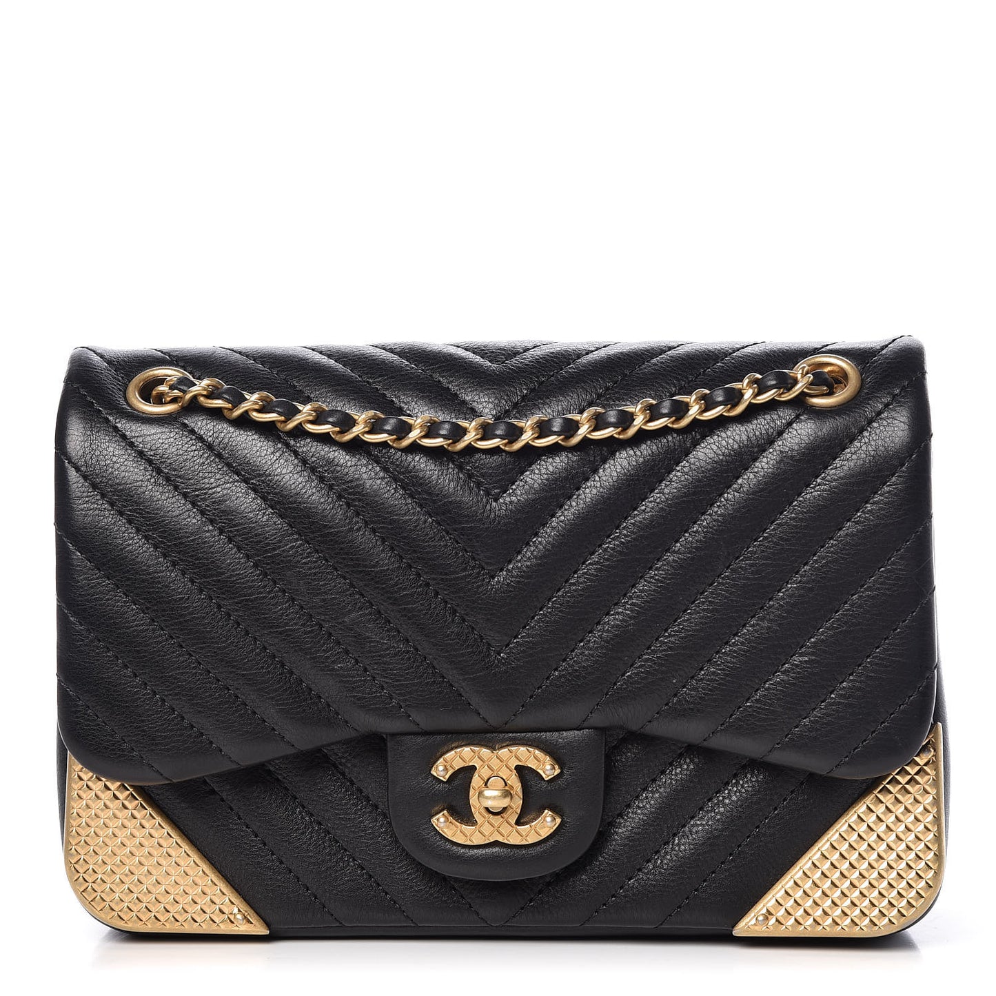 Calfskin Chevron Quilted Mini Rock The Corner Flap Black