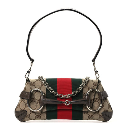 Gucci Monogram Textured Dollar Calfskin Heavy Grosgrain Web Small Maxi Horsebit Chain Shoulder Bag Beige Ebony New Acero 1 of 15