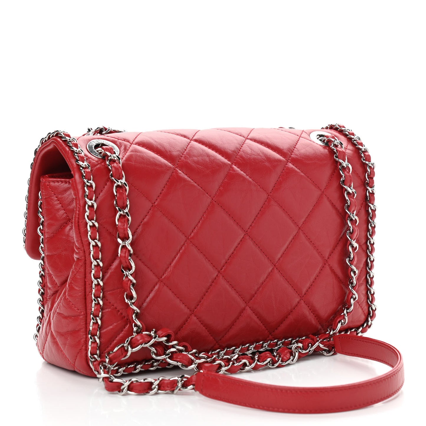 Crumpled Calfskin Medium Chain All Over Flap Red